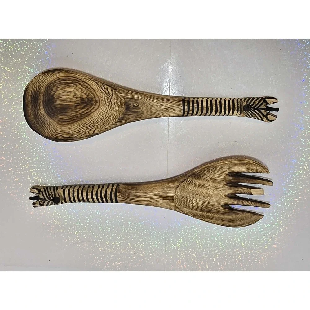 🦓‎ Vintage Hand Carved Zebra Wood Salad Server Set – Rustic Safari 🦓